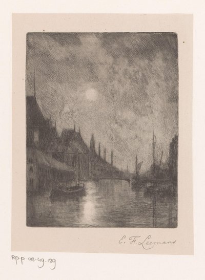 Riviergezicht in een stad bij nacht door Egide François Leemans (signed by artist)