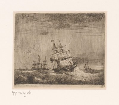 Zeilschepen en een raderstoomschip op zee door Egidius Linnig