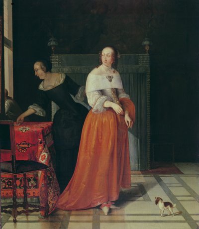 Interieur met een dame en haar dienstmeid door Eglon van der Neer