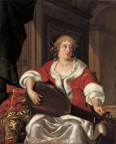 Een jonge vrouw stemt haar luit door Eglon van der Neer