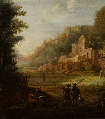 Boslandschap met twee jagers bij de ingang van een vallei door Eglon van der Neer