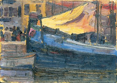 Gekote Boten met een Huiswand op de Achtergrond, 1908 door Egon Schiele