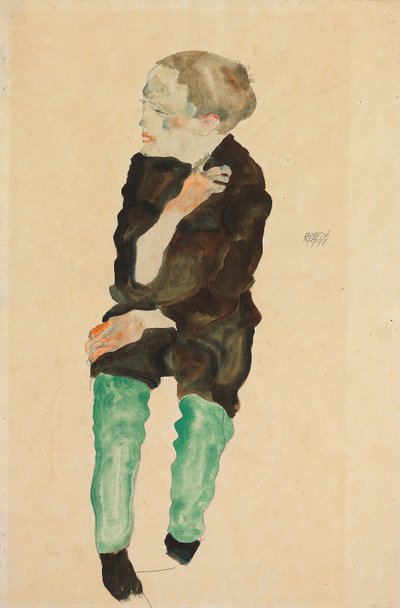 Jongen met groene kousen; Bub mit grunen Strumpfen, 1911 door Egon Schiele
