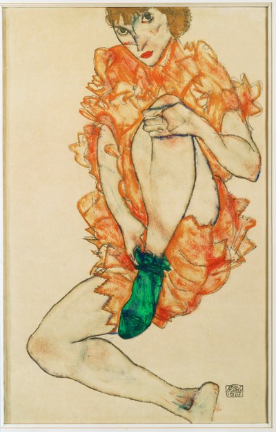 De groene kous (gouache en potlood) door Egon Schiele