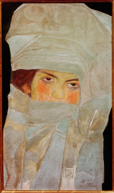 De zus van de kunstenaar, Melanie, met zilverkleurige sjaals ... door Egon Schiele