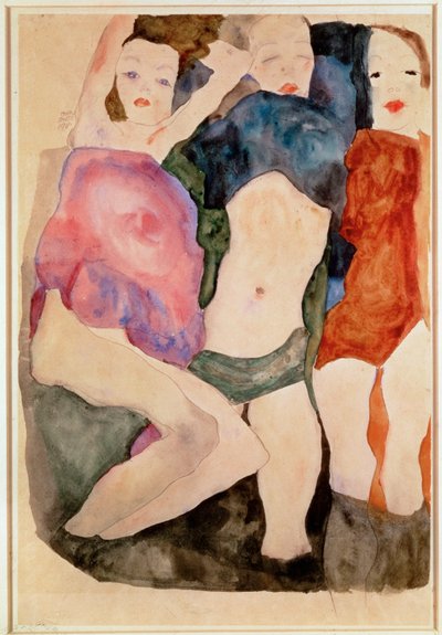Drei Maedchen (aquarel en potlood) door Egon Schiele