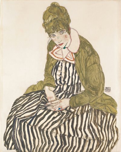 Edith met gestreepte jurk, zittend door Egon Schiele