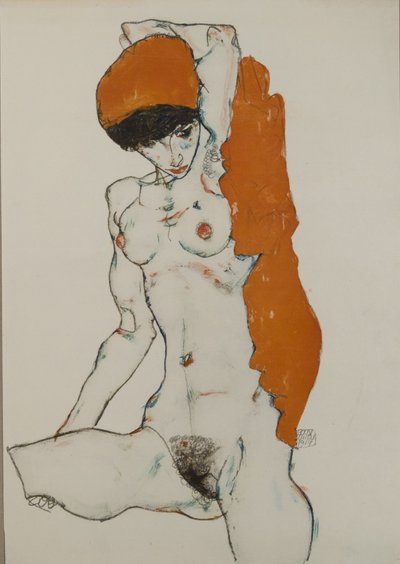 Vrouwelijk naakt met oranje-rode doek, 1914 door Egon Schiele