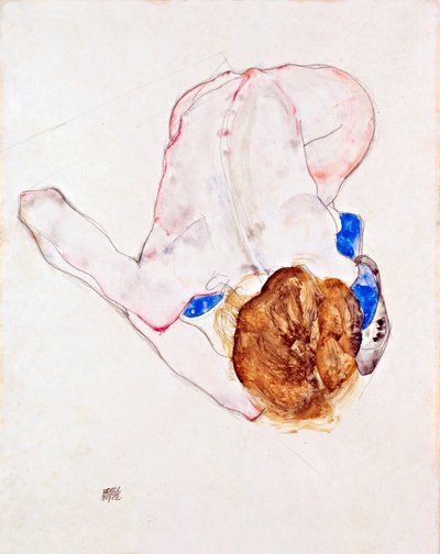 Naakte vrouw met blauwe kousen, voorovergebogen - Gouache op papier van Egon Schiele (1890-1918) door Egon Schiele