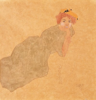 Meisje in Olijfkleurige Jurk met Ondersteunde Arm door Egon Schiele