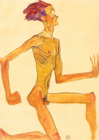 Knielende naakte man, in profiel naar rechts door Egon Schiele