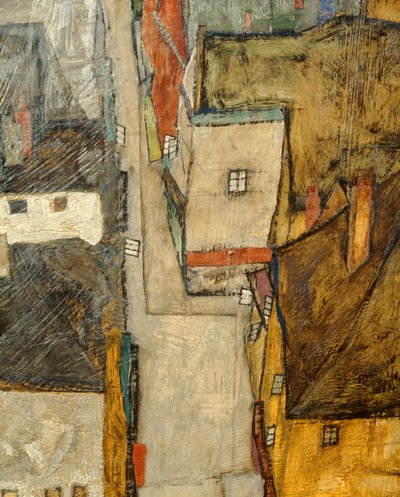 Krumau en der Moldau Krumau aan de rivier Vltava, Tsjechië ... (olieverf op doek) door Egon Schiele
