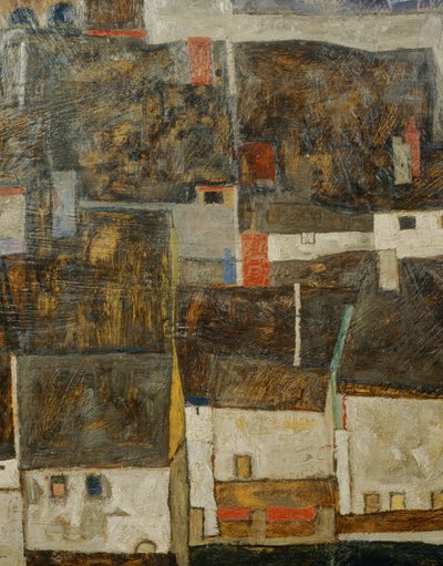 Krumau en der Moldau Krumau aan de rivier Vltava, Tsjechië ... (olieverf op doek) door Egon Schiele