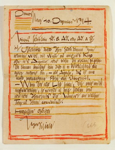 Kunstig vormgegeven brief van Egon Schiele aan de zussen Edith en Adele Harms gedateerd 10 ... (inkt, kleurpotloden) door Egon Schiele
