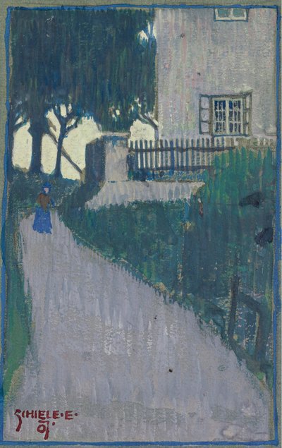 Landschap met huis, bomen en vrouwelijke figuur door Egon Schiele