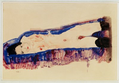 Liggend naakt met zwarte kousen ... (aquarel en potlood) door Egon Schiele