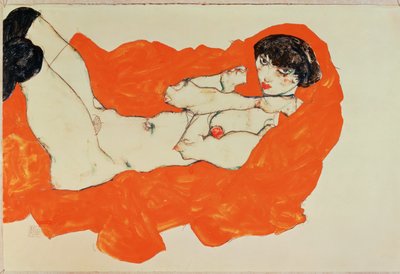 Liggend vrouwelijk naakt op rood doek - Liggend ... (gouache en zwart krijt) door Egon Schiele