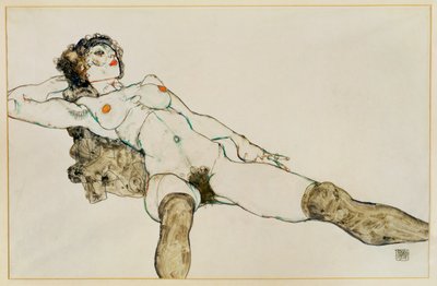 Liggend vrouwelijk naakt met gespreide benen ... (gouache en potlood) door Egon Schiele