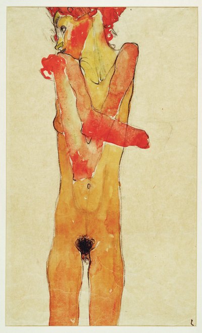 Maedchenakt mit verschraenkten Armen (naakt meisje met ... (aquarel en houtskool) door Egon Schiele