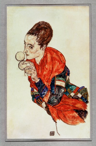 Portret van de actrice Marga Boerner met poederdoos ... (gouache en zwart krijt) door Egon Schiele