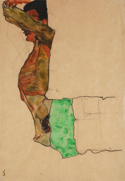 Liggende mannelijke naakt met groene doek door Egon Schiele