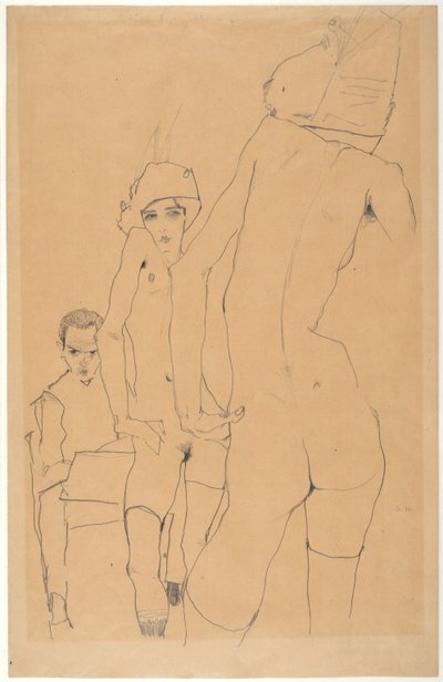 Schiele met naakt model voor de spiegel door Egon Schiele