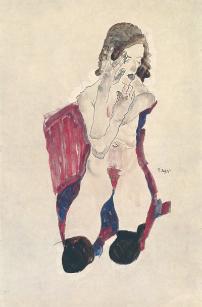 Zittend meisje met zwarte kousen en gevouwen handen door Egon Schiele