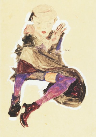 Zittend meisje met gestreepte kousen, 1910 door Egon Schiele