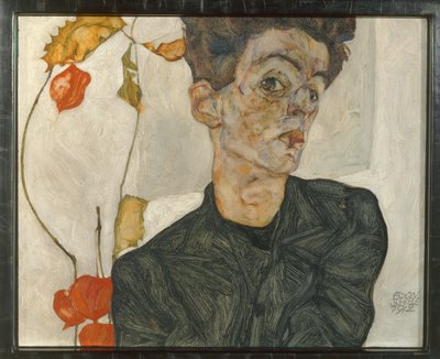 Zelfportret met lantaarnvruchten ... (olieverf en aquarel op doek) door Egon Schiele