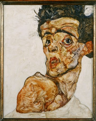 Zelfportret met opgetrokken blote schouder door Egon Schiele