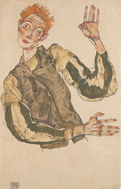 Zelfportret met gestreepte armbanden door Egon Schiele