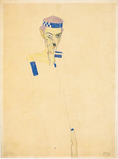 Zelfportret met blauw geruite hoofdband, 1909 door Egon Schiele