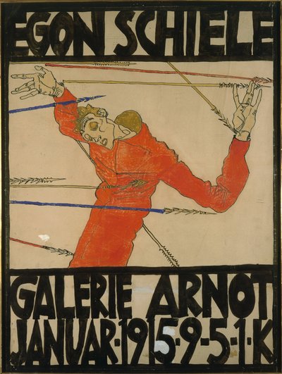 Zelfportret als Sint Sebastiaan, posterontwerp voor een tentoonstelling in Galerie Arnot, 1914 door Egon Schiele