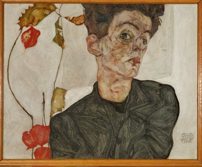 Zelfportret met Chinese lantaarn en fruit (schilderij op hout) door Egon Schiele