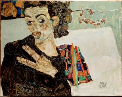Zelfportret met gespreide vingers door Egon Schiele