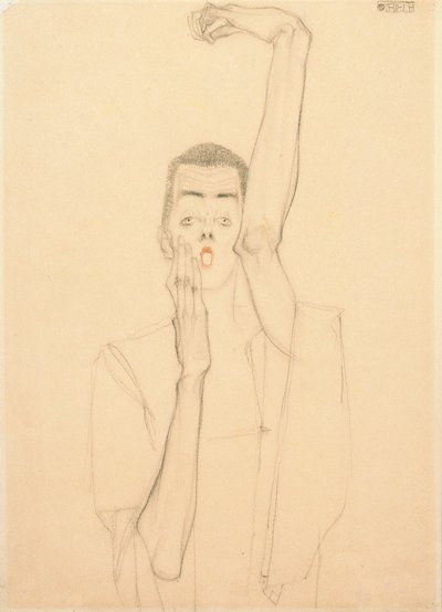Zelfportret met een opgeheven arm en rode mond door Egon Schiele