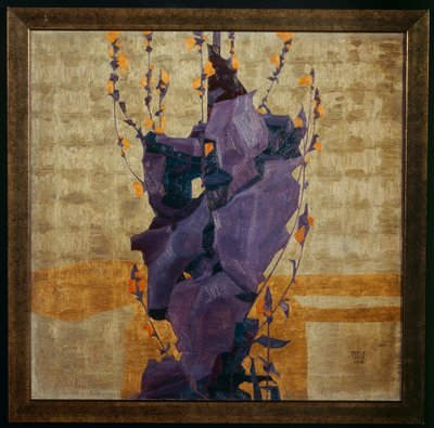 Gestileerde bloem tegen een decoratieve achtergrond ... (brons) door Egon Schiele