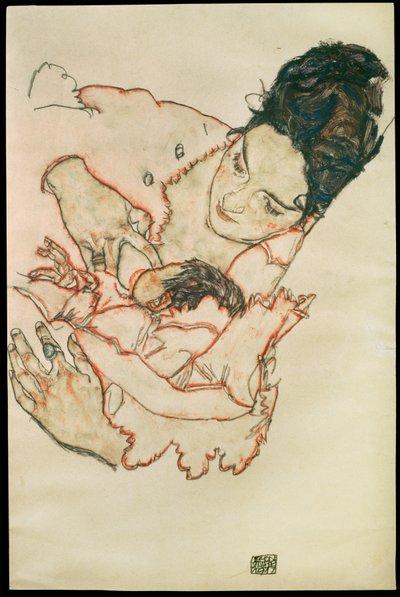 Stillende Mutter - Verzorgende moeder ... (aquarel en zwart krijt) door Egon Schiele