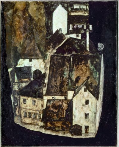 Tote Stadt III (Stadt am blauen Fluss III) [Dode stad Iii (Stad aan de Blauwe Rivier III)], ... (olieverf en gouache op hout) door Egon Schiele