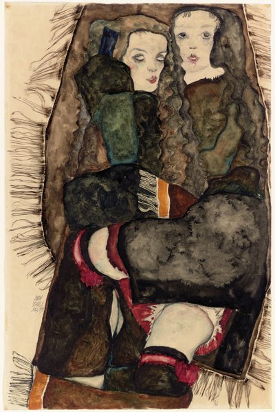 Twee meisjes op een franjerand deken, 1911 door Egon Schiele