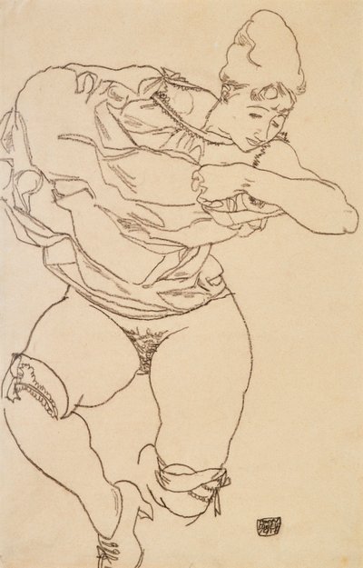 Vrouw die zich uitkleedt, 1917 door Egon Schiele