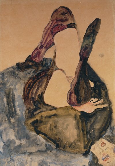 Vrouw met opgetrokken been en paarse kousen, 1911 door Egon Schiele