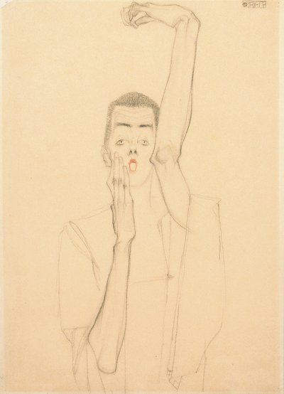 Jonge man met een opgeheven arm en rode mond; Selbstbildnis mit erhobenem linken Arm und rotem Mund, 1909 door Egon Schiele