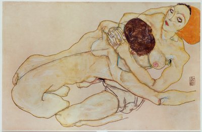 Twee meisjes - Liefhebbend paar ... (gouache en potlood) door Egon Schiele