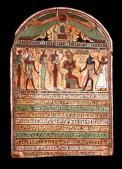 Egyptische oudheid: grafstèle van een hogepriester: Osiris verwelkomt de overledene aanwezig in Anubis, achter hem de goden Isis, Nephtis (Nephtys of Neftis), Horus, Hathor. 3e-2e eeuw v.Chr. Turijn, Egyptisch museum - Egyptische oudheden: grafstèle door Egyptian
