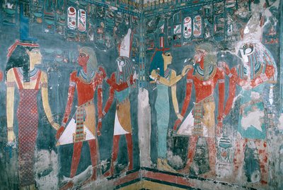 Egypte, Thebe, Luxor, Vallei der Koningen, Graf van Horemheb, Muurschildering die Horemheb tussen godin Isis en god Horus afbeeldt, Nieuwe Koninkrijk, Dynastie XVIII door Egyptian 18th Dynasty