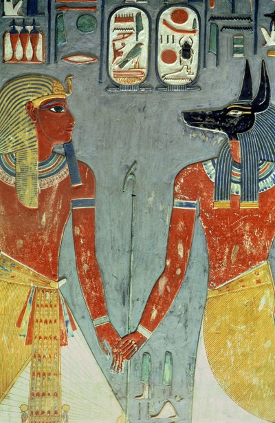 Horemheb en Anubis, uit het graf van Horemheb (ca.1323-1295 v.Chr.) Nieuwe Koninkrijk door Egyptian 18th Dynasty