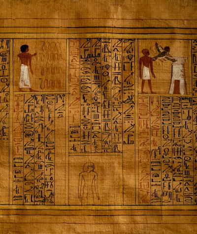 Gedeelte van het Dodenboek met tekst in verticale kolommen van hiërogliefen en inzetstukken met polychrome illustraties, papyrus, 34cm x 14cm, uit het graf van Kha in Deir el-Medina, Egyptische beschaving, Nieuwe Koninkrijk, Dynastie XVIII door Egyptian 18th Dynasty