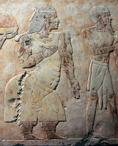 Koningin van Punt, detailscène die expeditie naar Land van Punt afbeeldt, geschilderd reliëf, colonnade van Punt, dodentempel van Hatsjepsoet, Deir el-Bahari, necropolis van Thebe (UNESCO Werelderfgoedlijst) door Egyptian 18th Dynasty