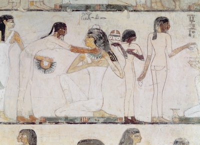 De toilet van edelvrouwen, uit het graf van Rekhmire, vizier van Thoetmosis III en Amenhotep II, Nieuwe Koninkrijk door Egyptian 18th Dynasty